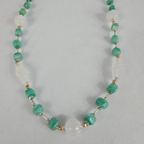 Glass Beaded Necklace with Square Sea Green Beads & White Glass Cut Beads - Picture 5 of 11